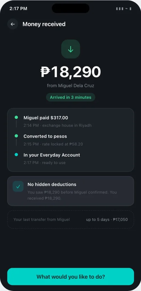 Concept screen: money received in 3 minutes